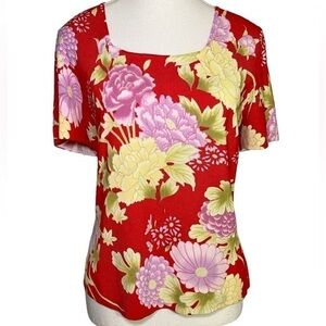 Designers Originals Red & Purple Floral Square Neck Short Sleeve Shirt